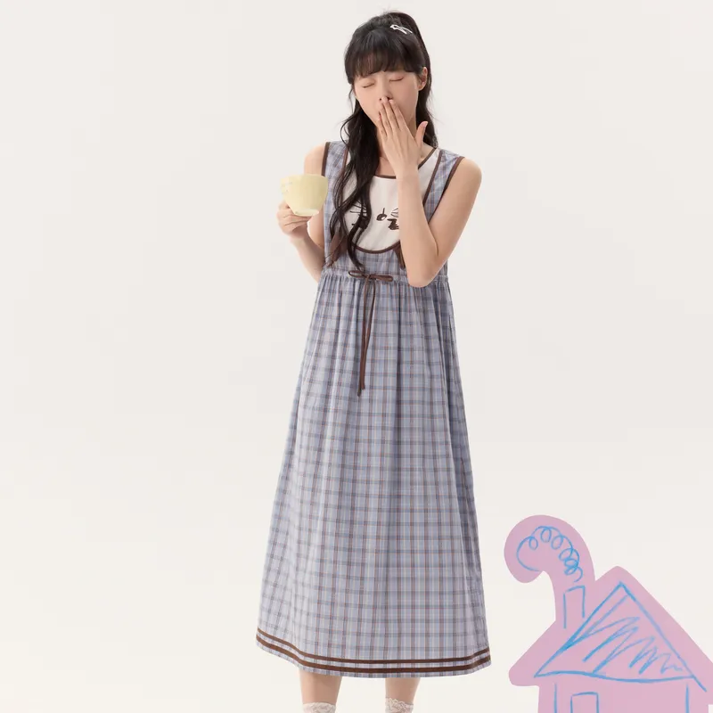 ZIHAN Sleeveless Dress Women's Blue Coffee Plaid-4