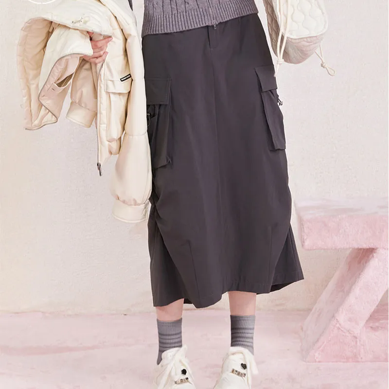 ZIHAN x Milk Puff Casual Long Skirt Women's Gray-2