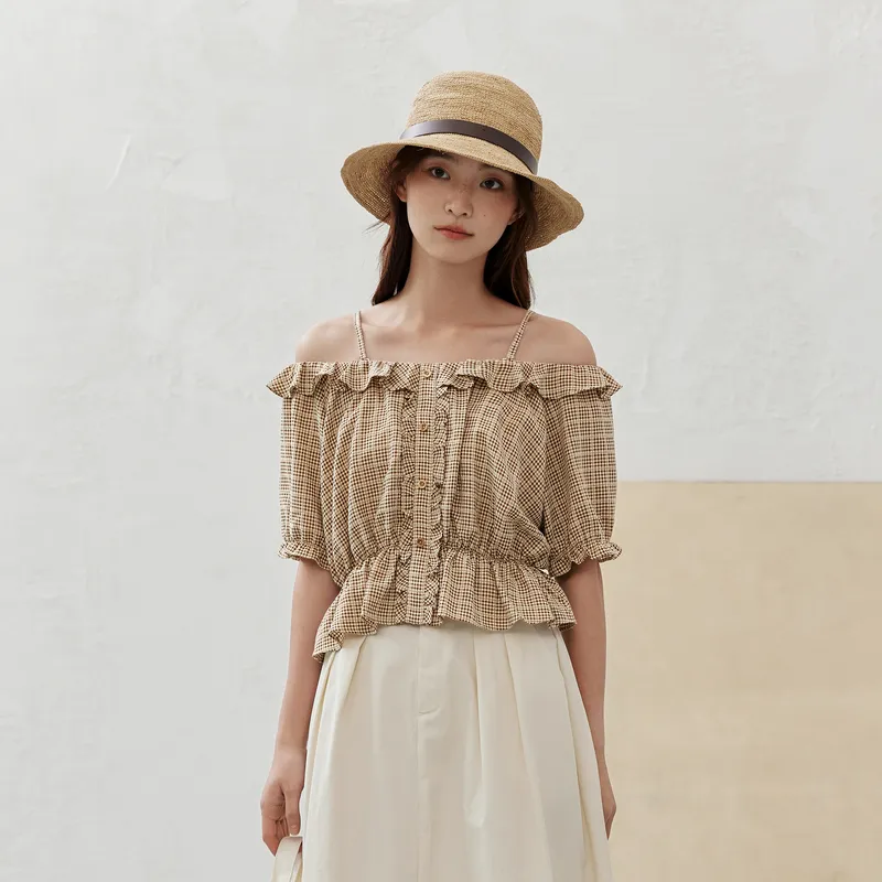 ZIHAN T Shirts Women's Beige Base Coffee Plaid-3