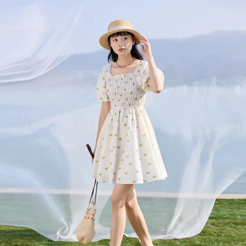 ZIHAN Short Sleeved Dress Women's Beige With Small Floral-3