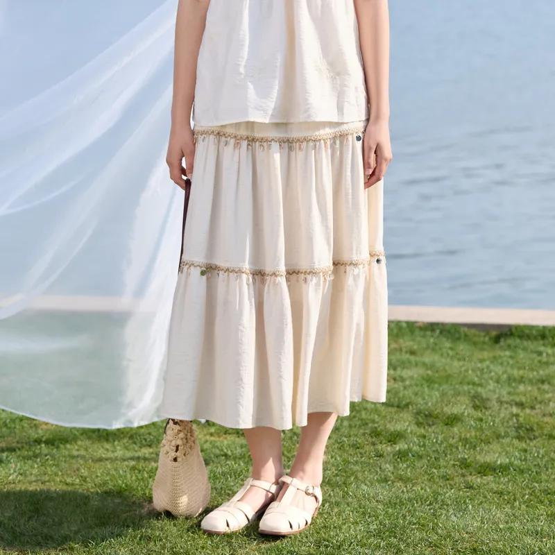 ZIHAN Casual Long Skirt Women's Beige-4