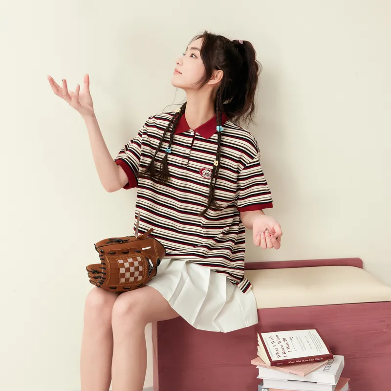 ZIHAN Polo Shirt Women's Burgundy Stripes-2