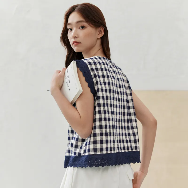 ZIHAN Shirts Women's Navy Blue Plaid-6