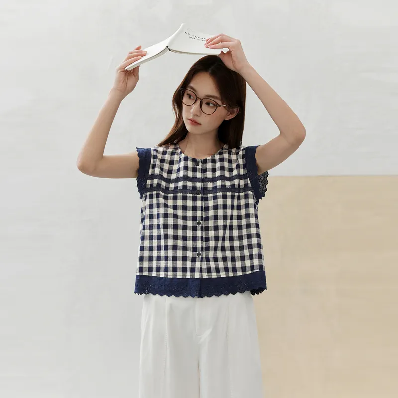 ZIHAN Shirts Women's Navy Blue Plaid-4