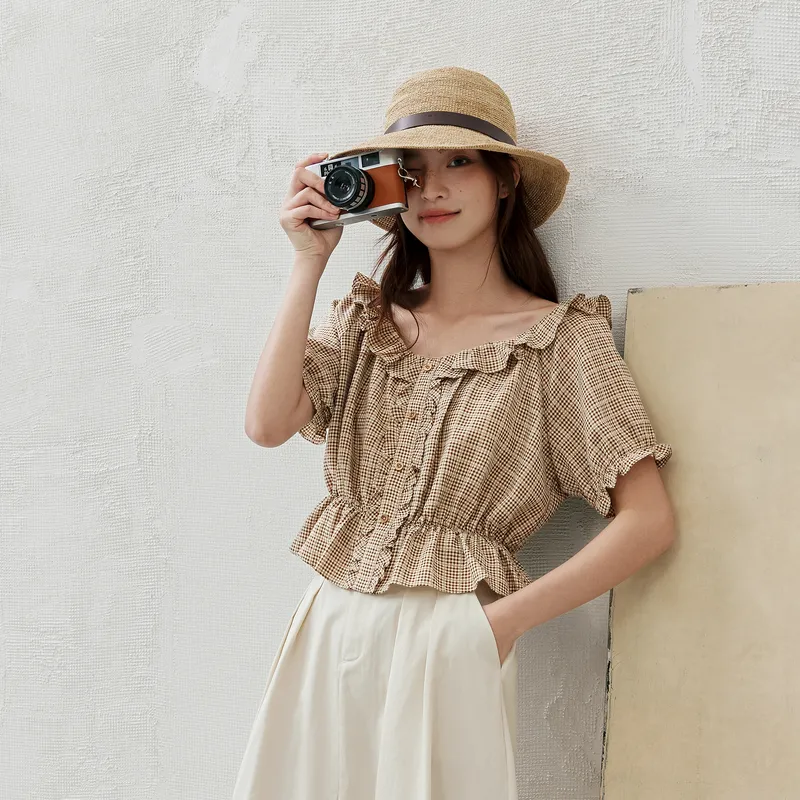 ZIHAN T Shirts Women's Beige Base Coffee Plaid-2