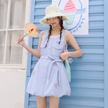 ZIHAN Sleeveless Dresses Women's Blue White Stripes