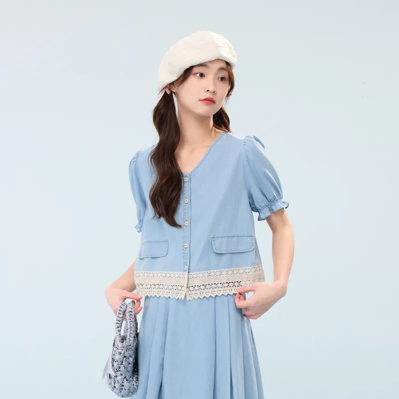 ZIHAN T Shirt Women's Light Denim Blue-2
