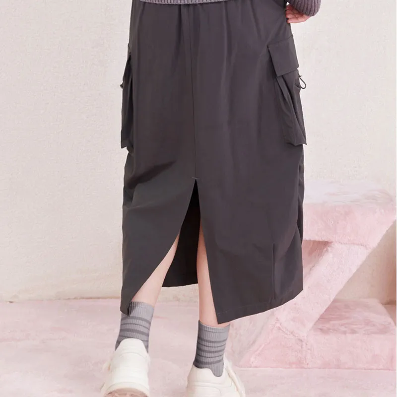 ZIHAN x Milk Puff Casual Long Skirt Women's Gray-3