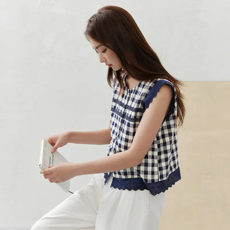 ZIHAN Shirts Women's Navy Blue Plaid-5