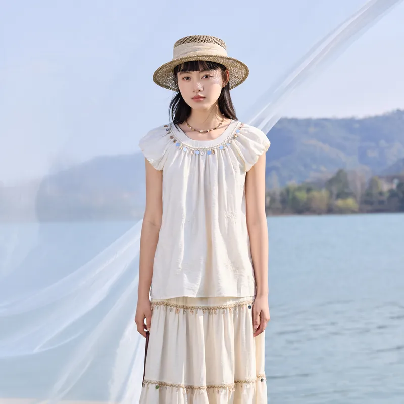 ZIHAN Flutter Sleeve T Shirt Women's Beige-2