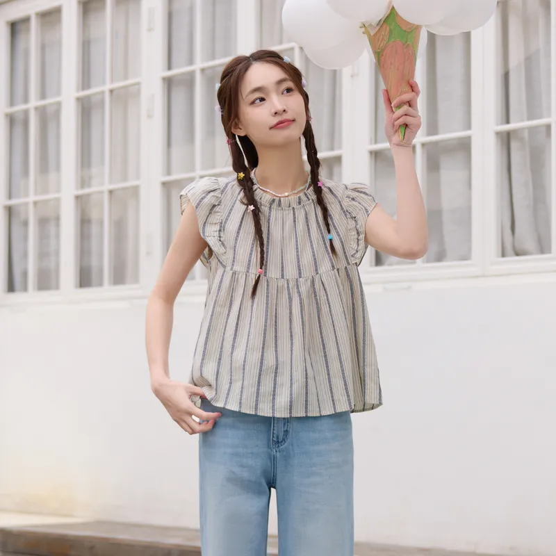 ZIHAN T Shirt Women's Beige With Blue Stripes-1