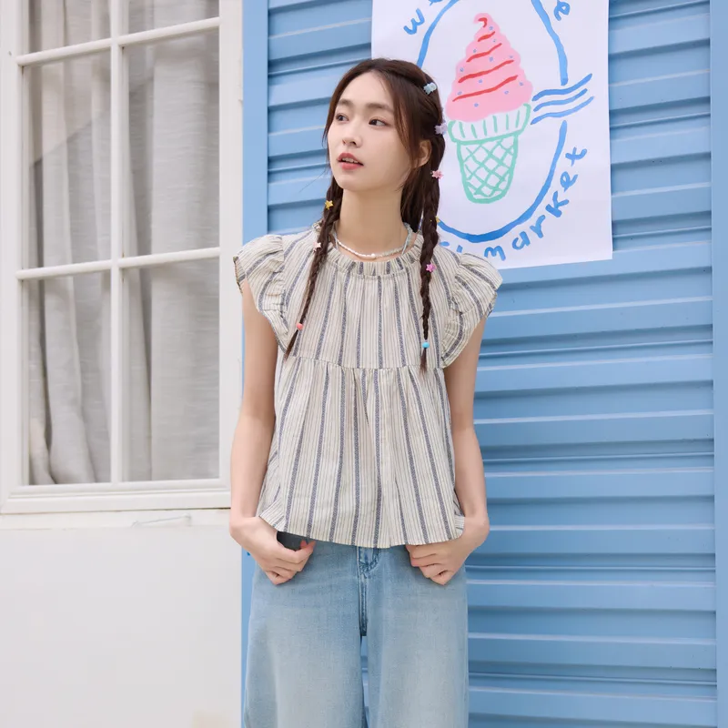 ZIHAN T Shirt Women's Beige With Blue Stripes-2