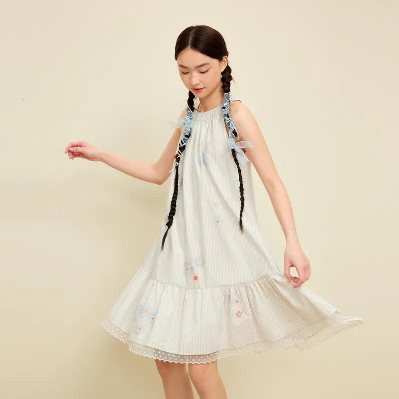 ZIHAN Sleeveless Dress Women's White Base Blue Stripes-3