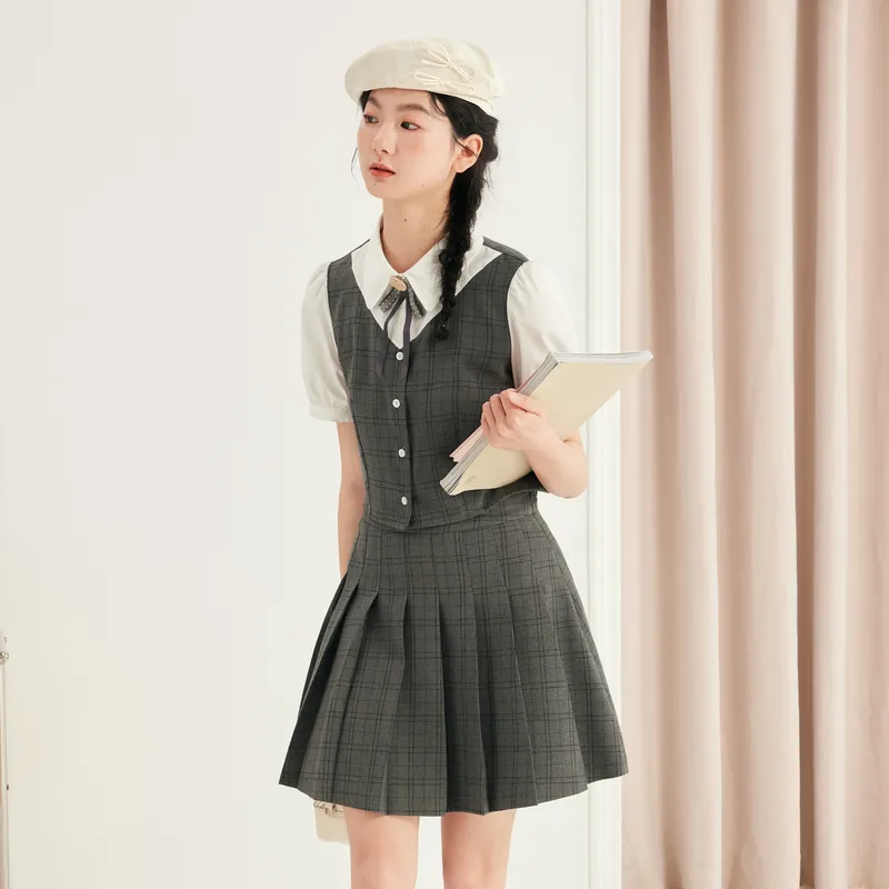 ZIHAN Skirt Set Women's Gray Plaid-2