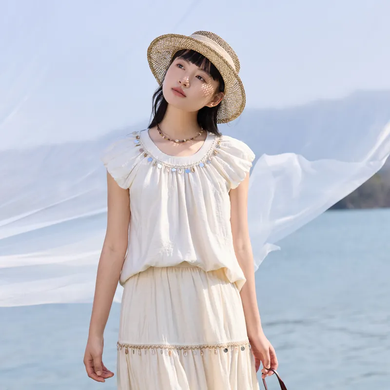 ZIHAN Flutter Sleeve T Shirt Women's Beige-1