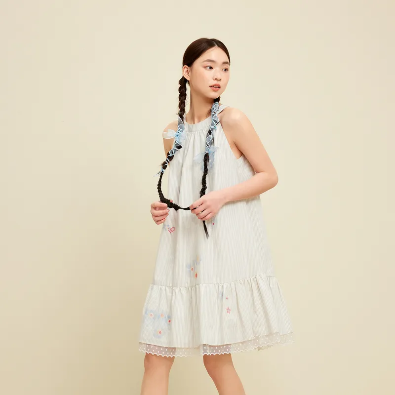 ZIHAN Sleeveless Dress Women's White Base Blue Stripes-1