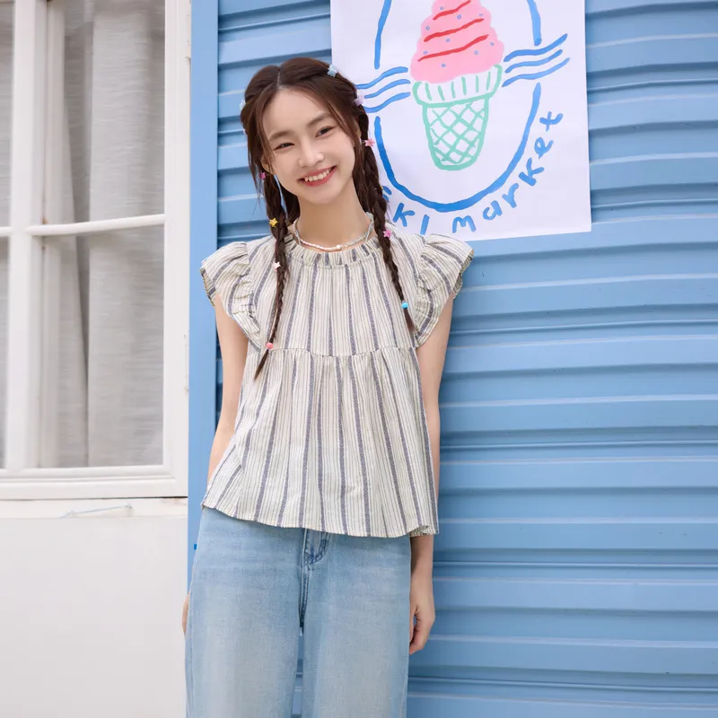 ZIHAN T Shirt Women's Beige With Blue Stripes-3