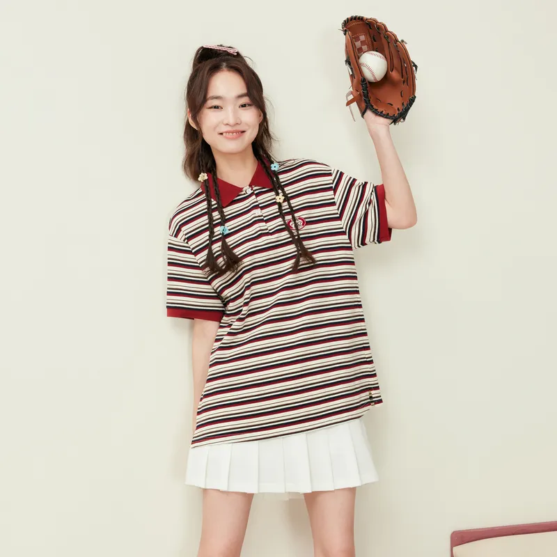ZIHAN Polo Shirt Women's Burgundy Stripes-1