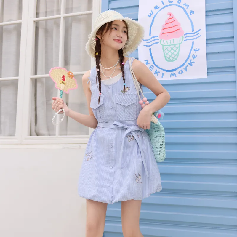 ZIHAN Sleeveless Dresses Women's Blue White Stripes-2