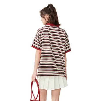 ZIHAN Polo Shirt Women's Burgundy Stripes
