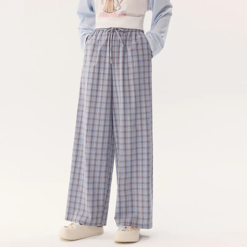 ZIHAN Casual Pants Women's Blue Coffee Plaid-4