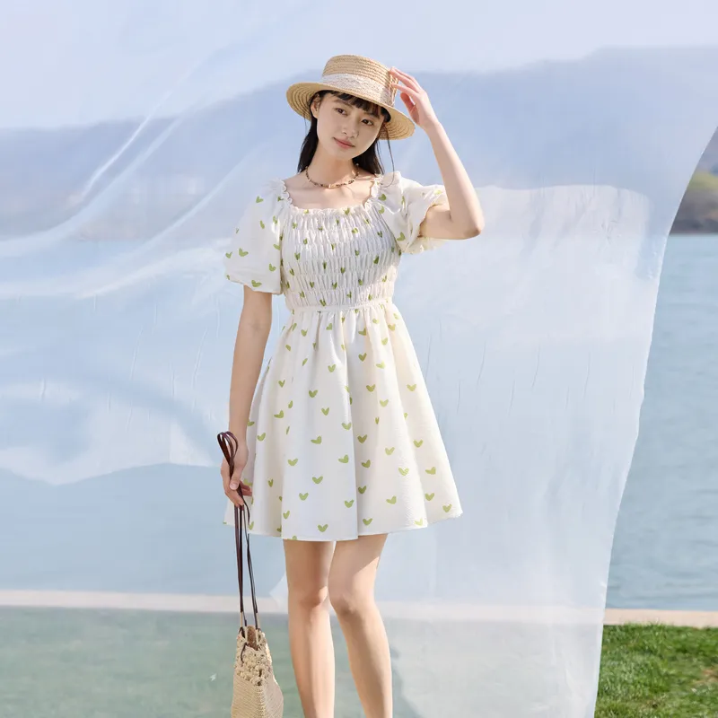 ZIHAN Short Sleeved Dress Women's Beige With Small Floral-1