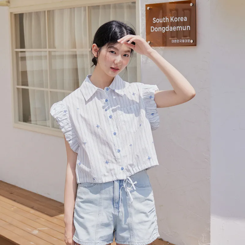 ZIHAN Shirts Women's White Base Blue Stripes-4