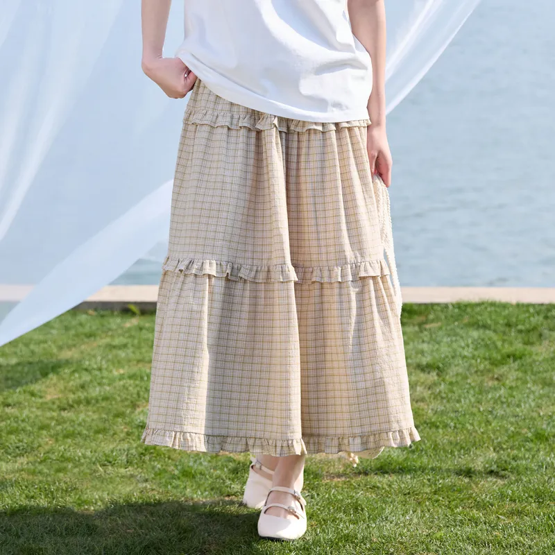 ZIHAN Casual Long Skirt Women's Small Green Plaid-2
