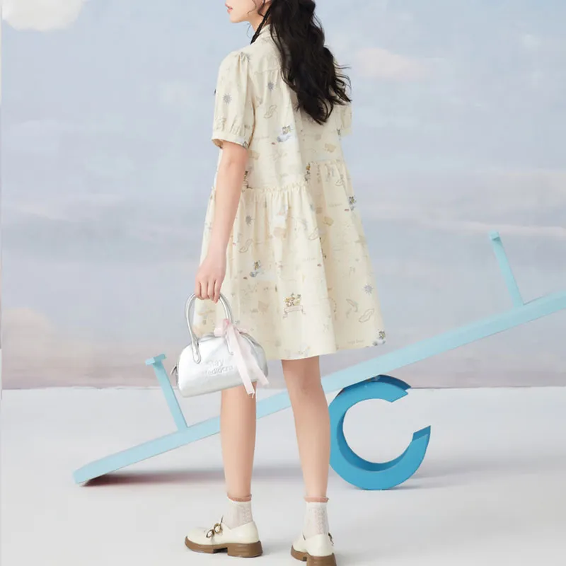 ZIHAN Short Sleeved Dress Women's Beige With Print-1