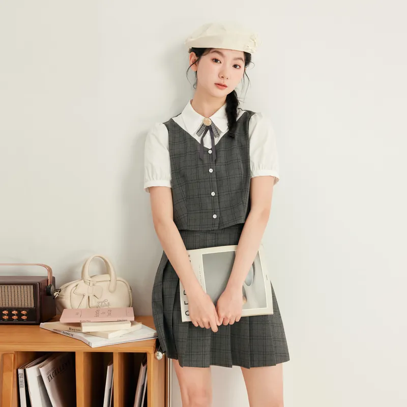 ZIHAN Skirt Set Women's Gray Plaid-3