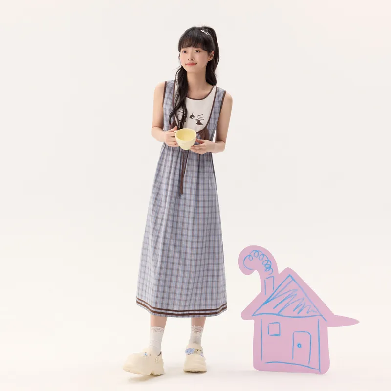 ZIHAN Sleeveless Dress Women's Blue Coffee Plaid-2