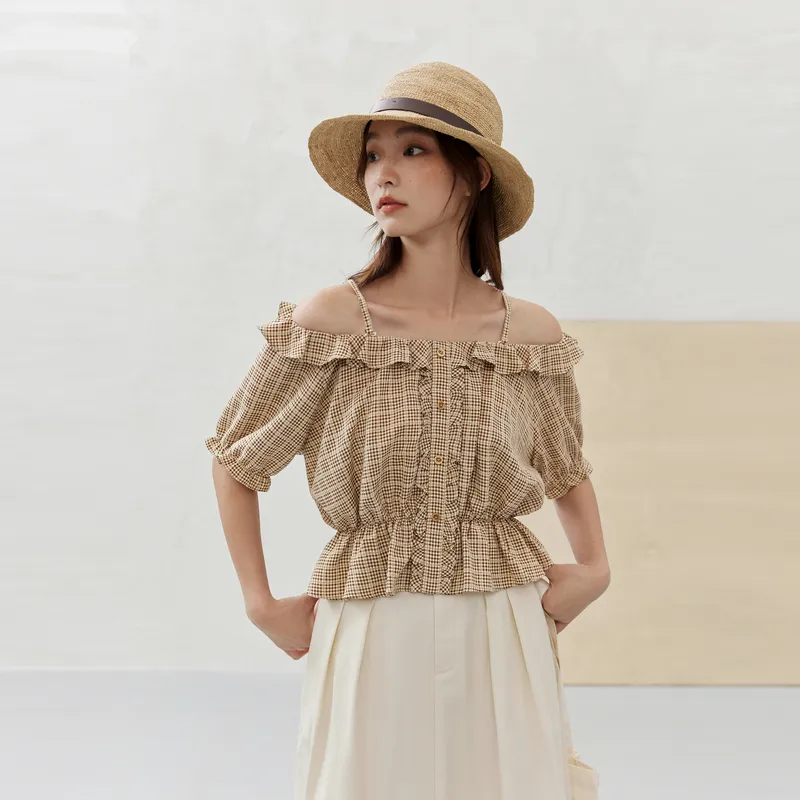 ZIHAN T Shirts Women's Beige Base Coffee Plaid-4