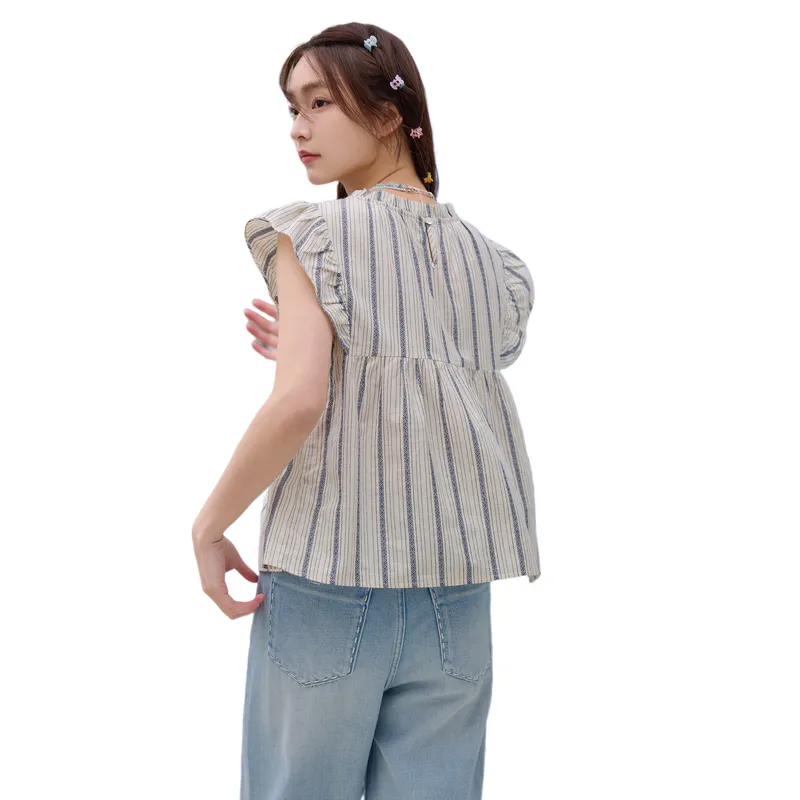 ZIHAN T Shirt Women's Beige With Blue Stripes-0