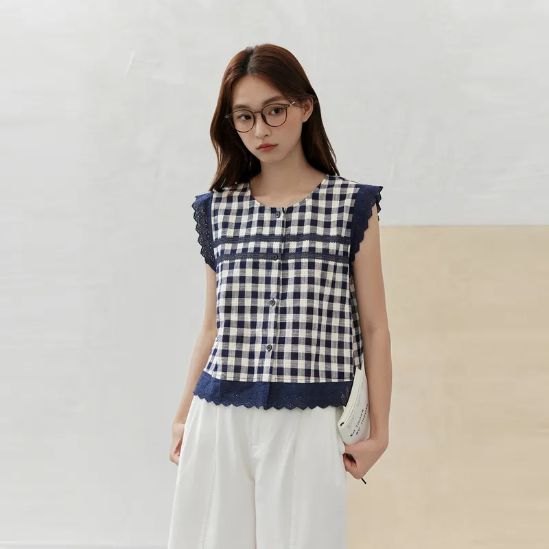 ZIHAN Shirts Women's Navy Blue Plaid-3