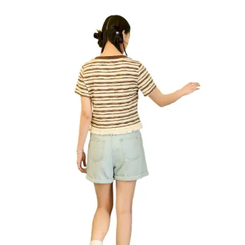 ZIHAN Set in Sleeve T Shirt Women's Beige Coffee Stripes