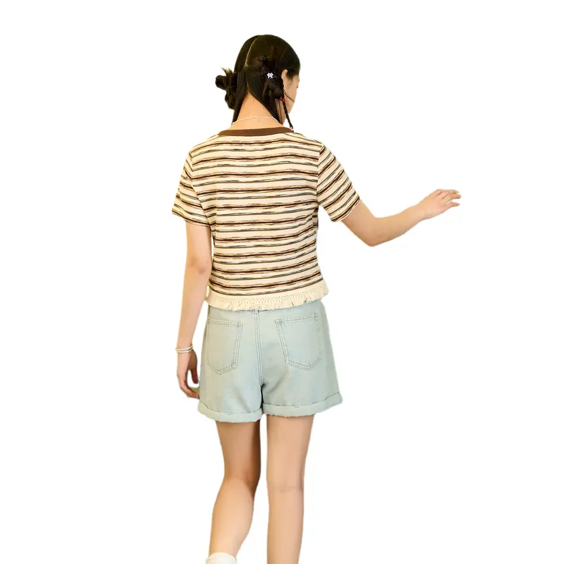 ZIHAN Set in Sleeve T Shirt Women's Beige Coffee Stripes-0