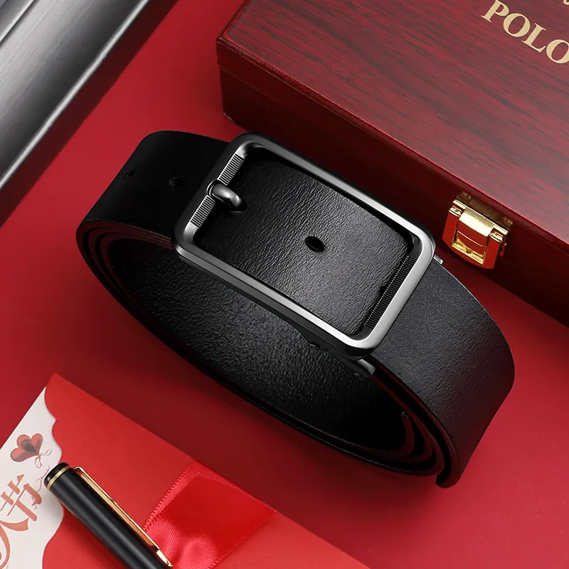 POLOMEISDO Top Grain Cow Leather Pin Buckle Belt Gift For Boyfriend Elegant Pants Belt Men's Gunmetal Width  3.5cm-4
