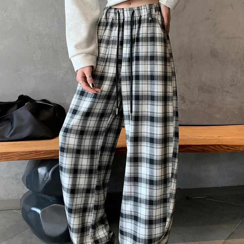 Aghr Casual Pants Women's Black White Plaid-3