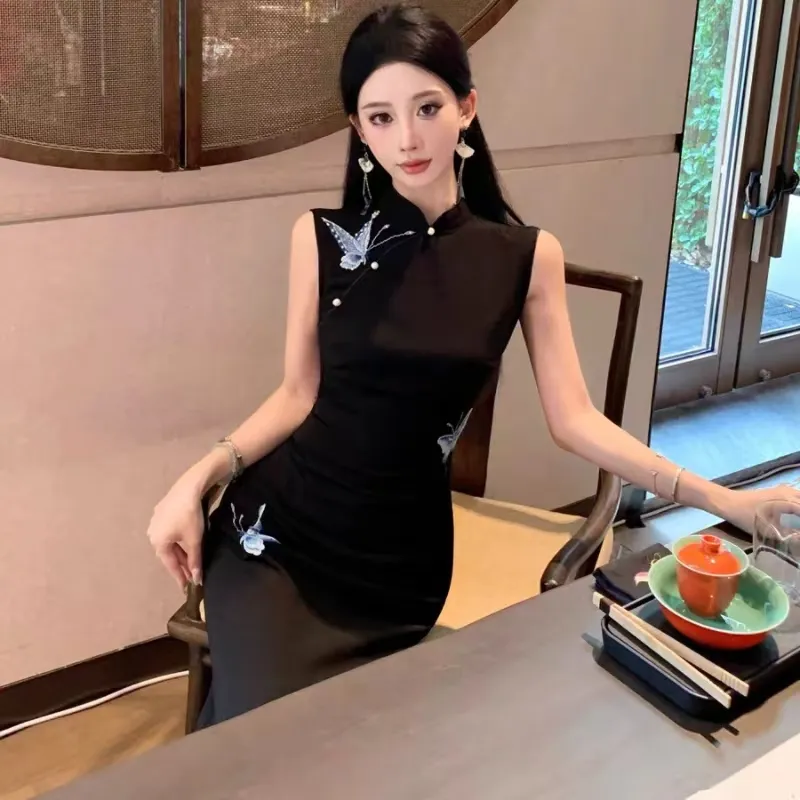 KUNZHUDAXIANG Fashion Sleeveless Dress Women's Classic Black-3