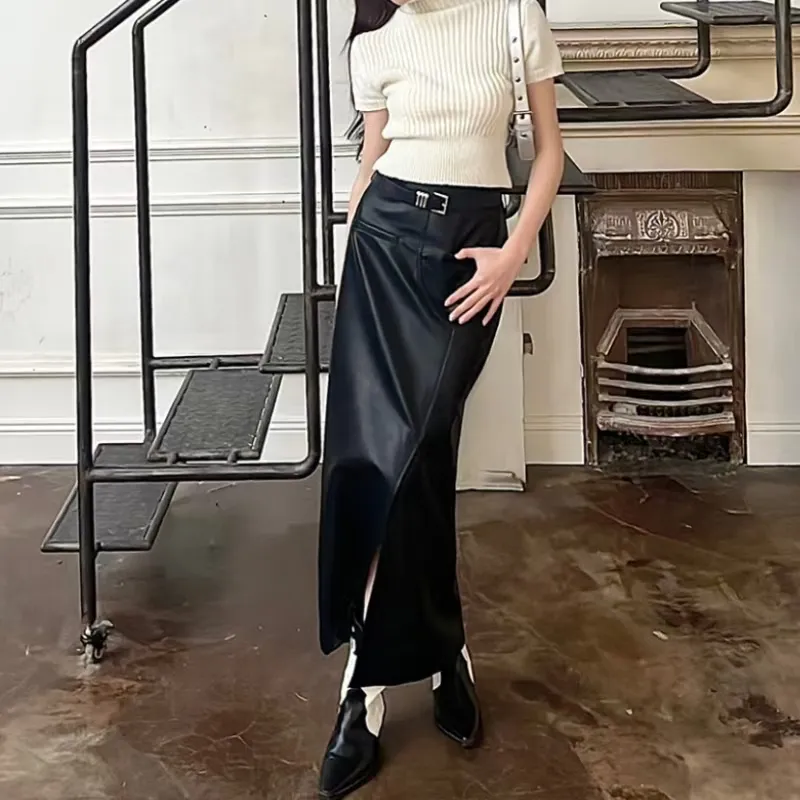 Aghr Leather Long Skirt Women's Black-1