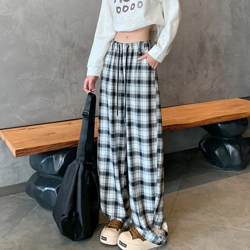 Aghr Casual Pants Women's Black White Plaid-4