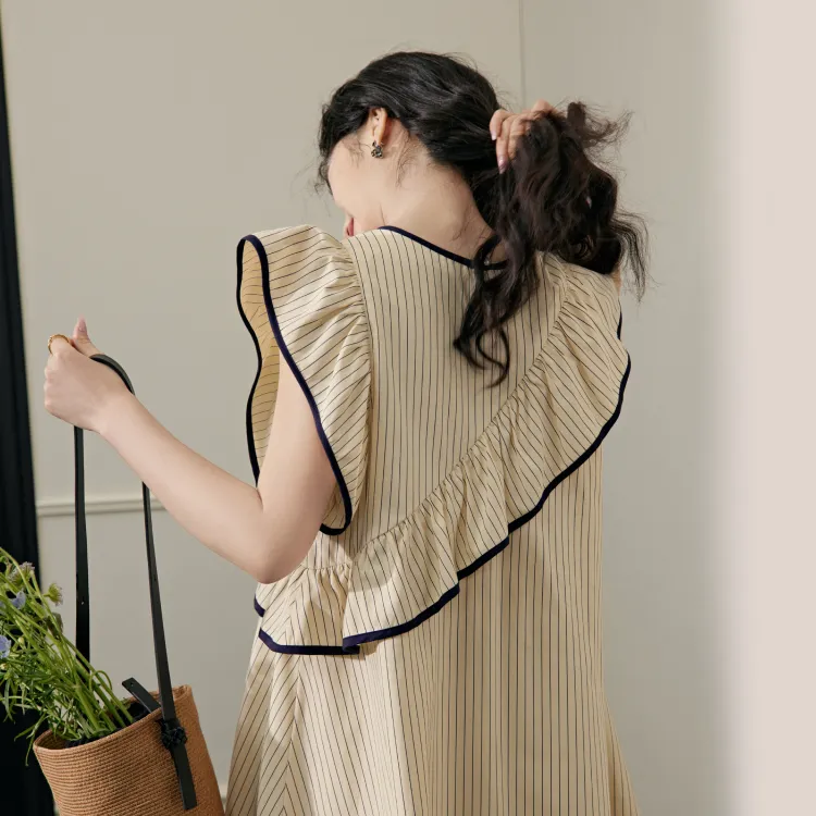 KUOSE Short Sleeved Dress Women's Beige Apricot-2