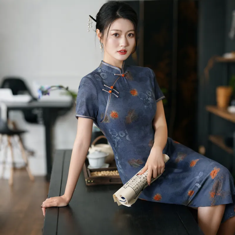 ENEESSI Spring Summer Cheongsam Women's Dark Purple-4