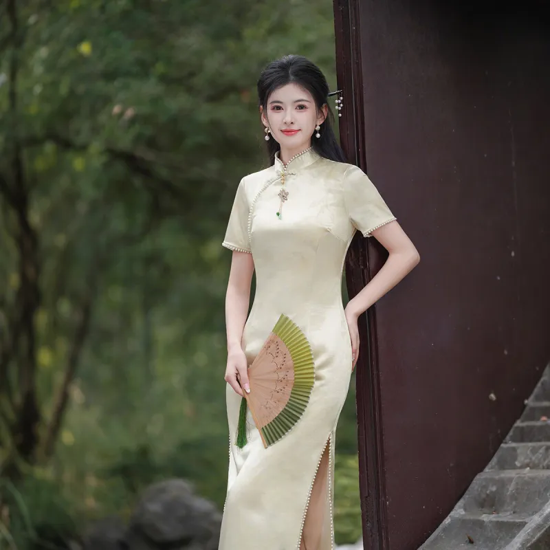 ENEESSI Spring Summer Cheongsam Women's Apricot-5