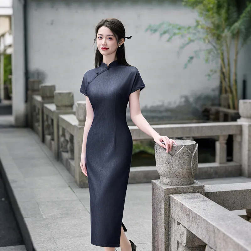 ENEESSI Spring Summer Release Cheongsam Women's Dark Blue Gray-4