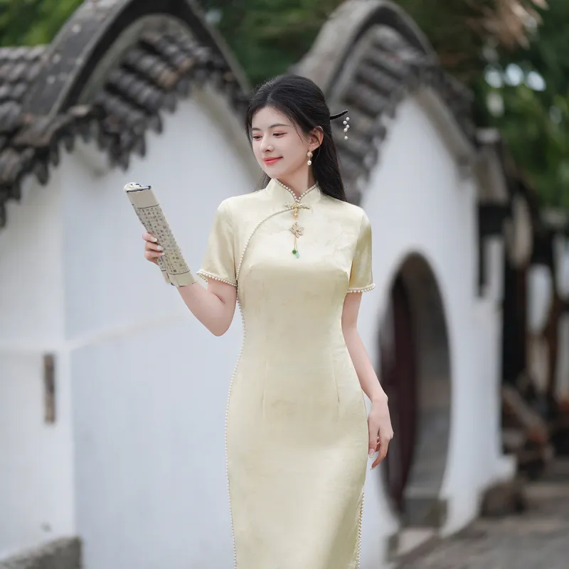 ENEESSI Spring Summer Cheongsam Women's Apricot-3