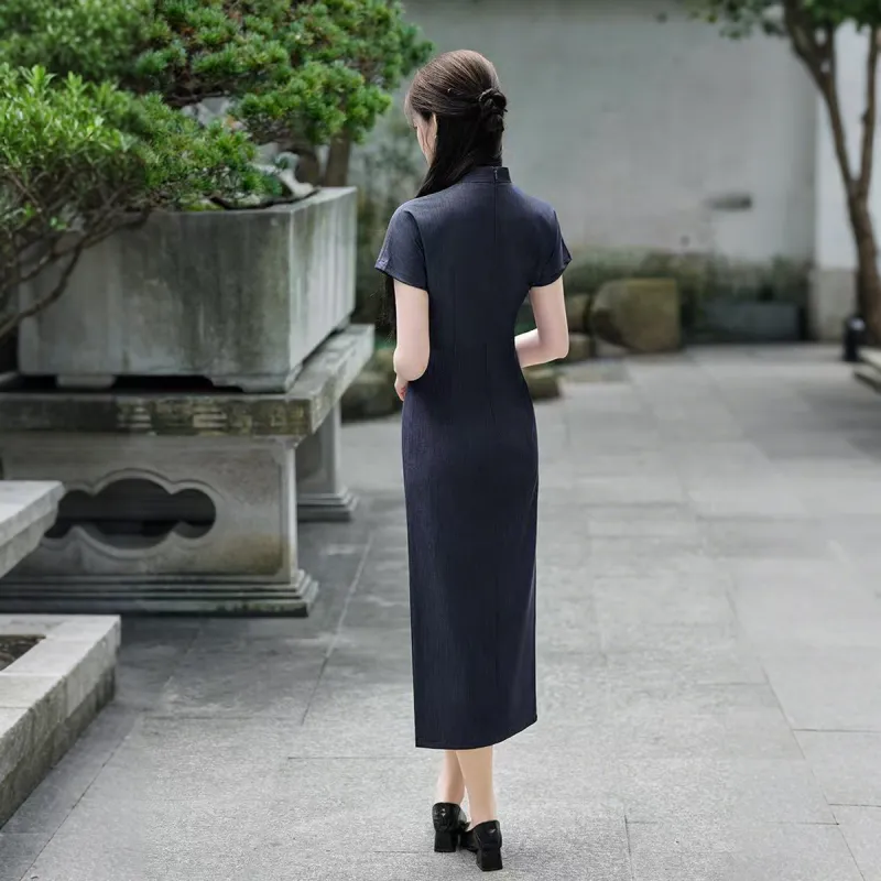 ENEESSI Spring Summer Release Cheongsam Women's Dark Blue Gray-3