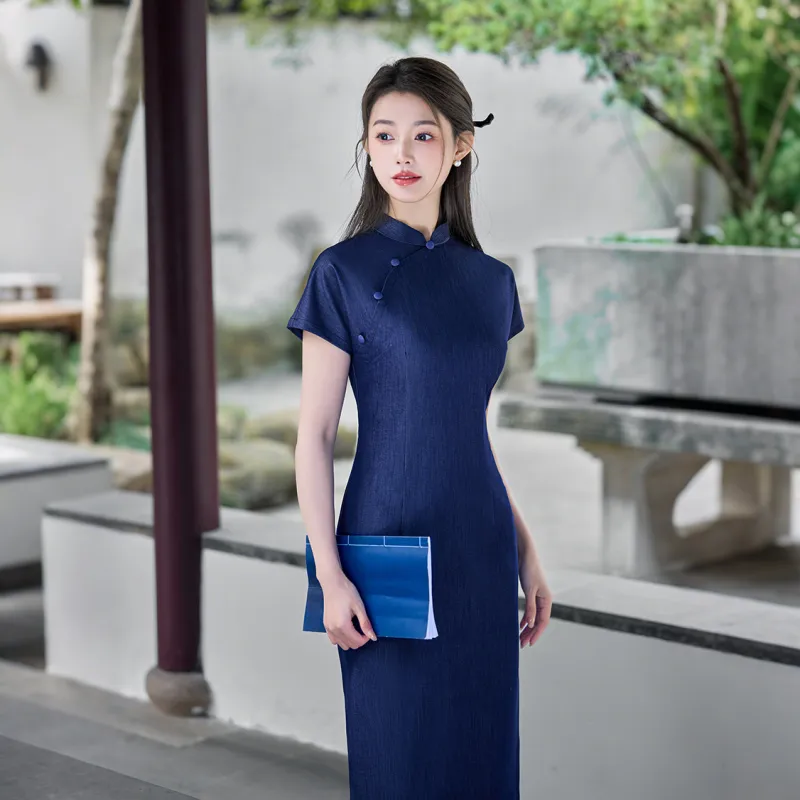 ENEESSI Spring Summer Release Cheongsam Women's Dark Blue Gray-2