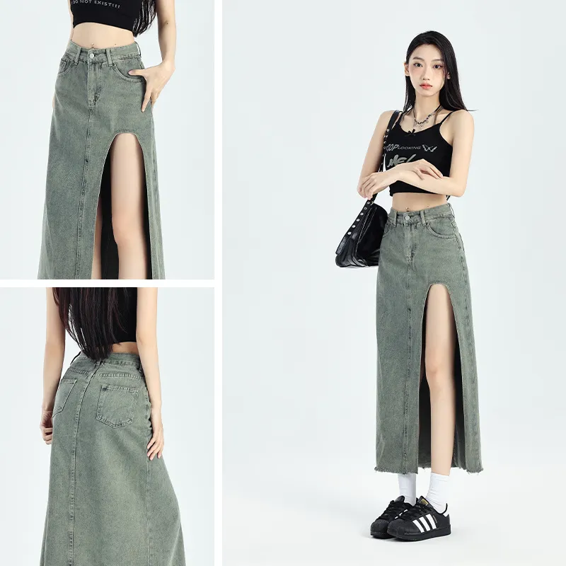 Ordifen Denim Long Skirts Women's Vintage Blue-4
