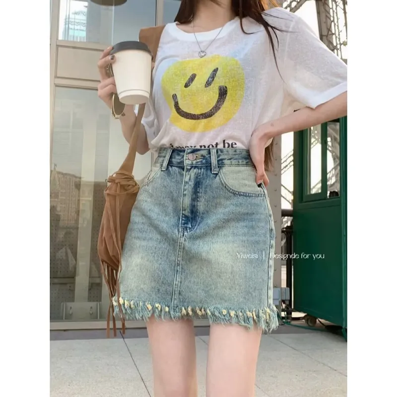 Ordifen Denim Short Skirts Women's Vintage Blue-2